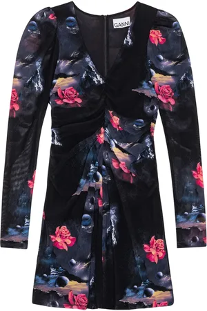 Ganni Graphic-print gathered minidress