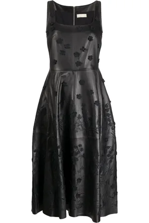 Elie saab Floral-appliqué leather midi dress