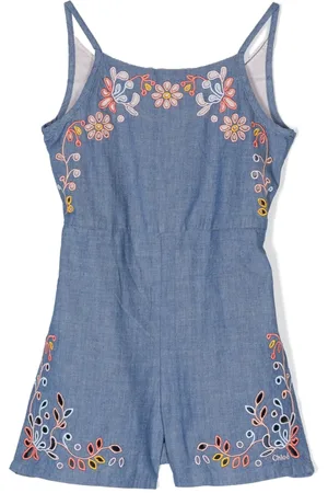 Chloé Floral-embroidered denim playsuit