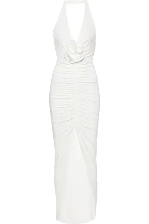 NISSA Floral-appliqué ruched gown