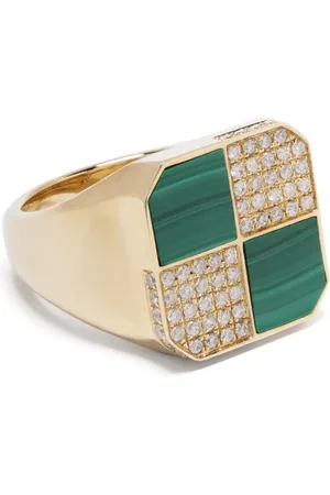 YVONNE LÉON 9kt yellow Petit Damier diamond and malachite signet ring