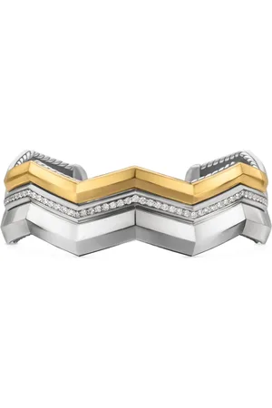 David Yurman 18kt yellow gold and sterling Zig Zag Stax™ Three Row diamond cuff bracelet (17.4mm)