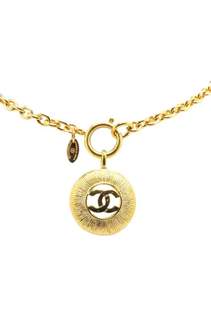 CHANEL 1970-1980 Plated CC Round Pendant Necklace costume necklace