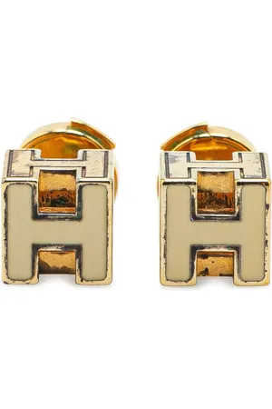 Hermès 20th Century Gold Plated Enamel Cage dH Push Back Earrings costume earrings
