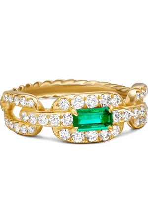 David Yurman 18kt yellow Stax Chain Link emerald and diamond ring (7mm)