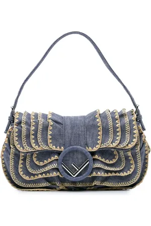 Fendi 2010-2024 Embroidered Denim Ruffled F is Fendi Kan I Baguette handbag