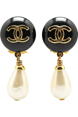 CHANEL 1996 CC Resin Dangling Faux Pearl Clip on Earrings costume earrings