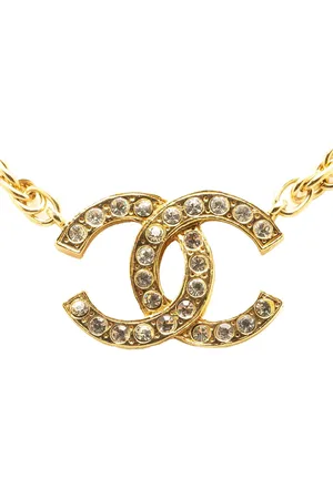 CHANEL 1970-1980 Plated Crystal CC Pendant Necklace costume necklace