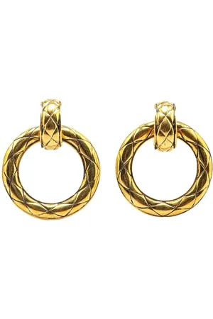 CHANEL 1970-1980 Plated Quilted Hoop Drop Clip on Earrings costume earrings