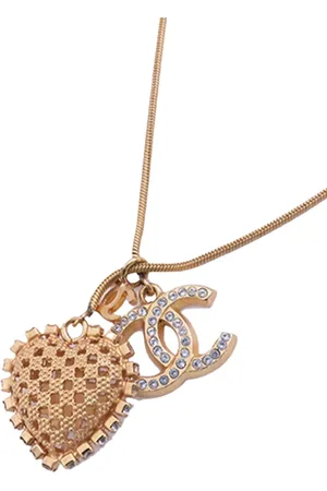 CHANEL 2001 Plated CC Heart Rhinestones Pendant Long Necklace costume necklace