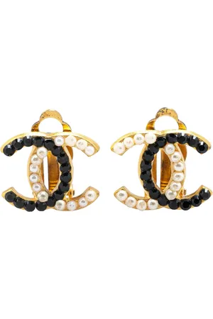 CHANEL 2003 Plated CC Faux Pearl and Rhinestones Clip On Earrings costume earrings