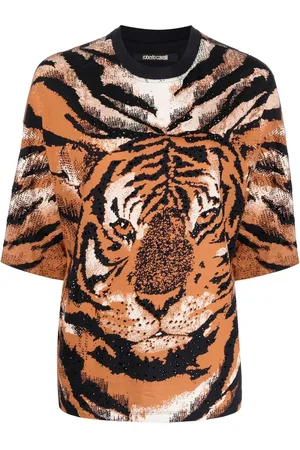 Roberto Cavalli Embellished tiger-print top