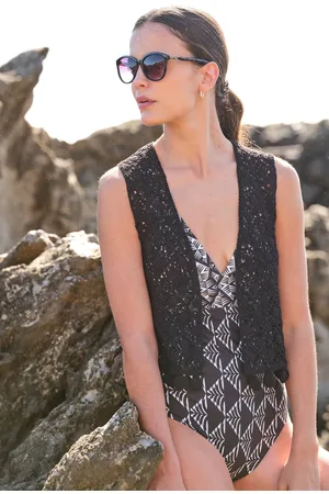 Fat Face Black Coin Trim Crochet Waistcoat