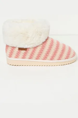 Fat Face Faux Fur Cuff Knitted Slipper Boots