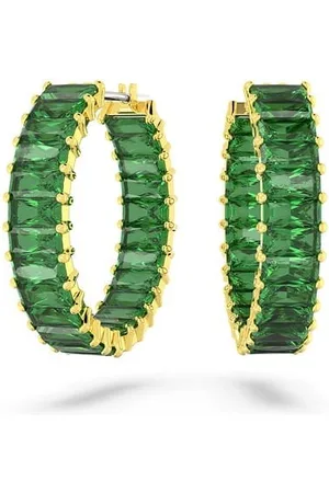 Swarovski Matrix hoop earrings, Baguette cut, Green, -tone plated