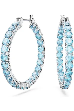 Swarovski Matrix hoop earrings, Round cut, Blue, Rhodium plated