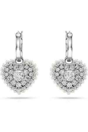 Swarovski Hyperbola drop earrings, Crystal pearl, Heart, White, Rhodium plated