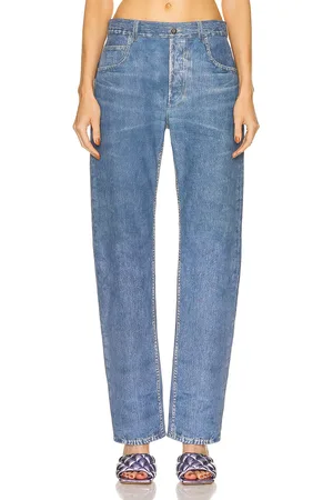 Bottega Veneta Leather Straight Leg Pant in Medium Blue Denim - Denim-Medium. Size 34 (also in 36, 38, 40).
