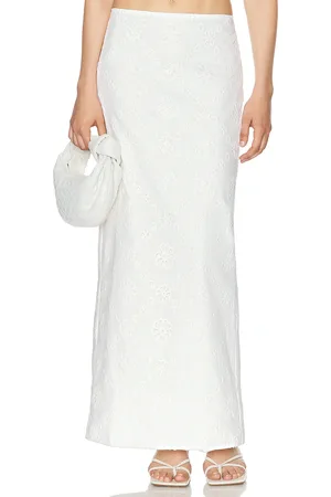 Helsa Eyelet Column Midi Skirt in Antique White - White. Size L (also in M, S, XL, XS, XXS).