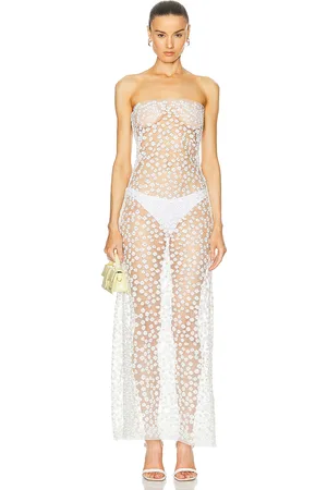 SID NEIGUM Sheer Floral Embroidered Strapless Dress in White - White. Size 6 (also in ).