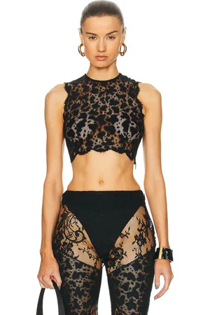 Roberto Cavalli Cropped Leopard Lace Top in Nero - Black. Size 44 (also in ).
