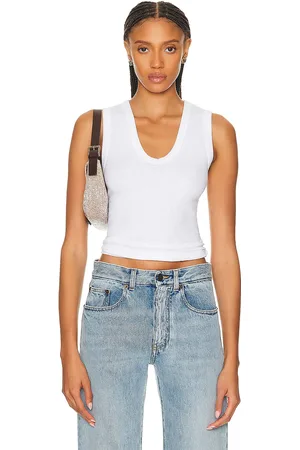 ENZA COSTA Textured Rib Sleeveless U Tank Top in White - White. Size L (also in M, S, XS).