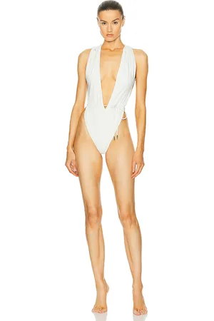Saint Laurent Plunge One Piece Swimsuit in Blanc Creme - White. Size L (also in M, XS).