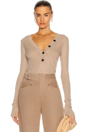 ENZA COSTA Cashmere Long Sleeve Cuffed Henley Top in Khaki - Tan. Size L (also in M, XL, XS).