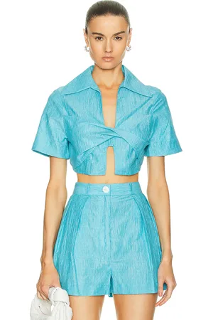 Matthew Bruch Cropped Collared Twist Top in Bright Blue Crinkle - Blue. Size 4 (also in ).