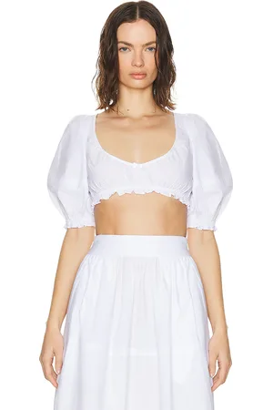 Helsa Poplin Cropped Peasant Top in White - White. Size L (also in M).