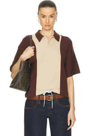 WAO Short Sleeve Stripe Knit Polo in Brown & Natural - Multi. Size XL/1X (also in L).