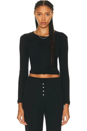 Leset Pointelle Slim Fit Long Sleeve Top in Black - Black. Size S (also in ).