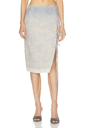 Jade Cropper High Slit Midi Skirt in Wilted Flowers & Beige - Blue. Size 34 (also in 36, 38).