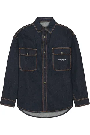 Palm Angels Logo Wash Denim Shirt in Navy Blue - Denim-Dark. Size S (also in ).