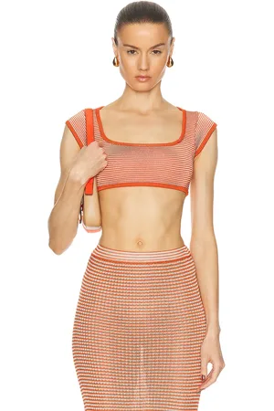 Calle Del Mar Lycra Cap Sleeve Crop Top in Tomato Stripe - Red. Size M (also in ).