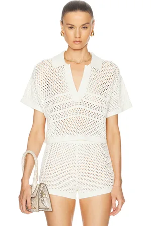 SER.O.YA Nani Crochet Crop Polo Top in Porcelain - Cream. Size L (also in XL).