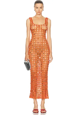 Calle Del Mar Square Neck Crochet Dress in Tomato - Orange. Size L (also in M).