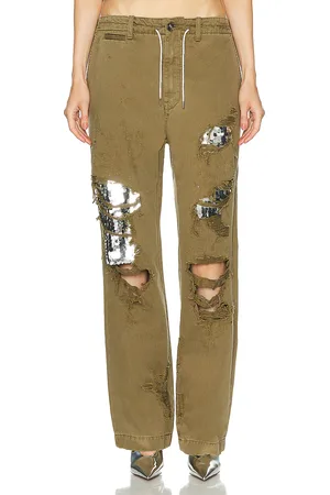 DARKPARK Riri Paillettes Shredded Paper Bag Pant in Military Green - Army. Size 36 (also in ).