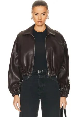 Nour Hammour Luna Cropped Leather Bomber Jacket in Dark Chocolate - Brown. Size 34 (also in 36, 44).