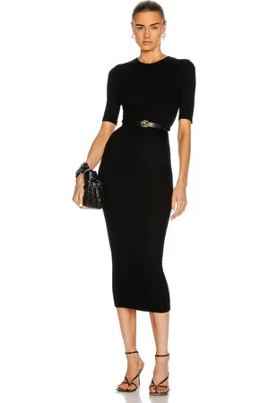 ENZA COSTA Silk Rib Half Sleeve Crew Midi Dress in Black - Black. Size L (also in M, S, XL, XS).