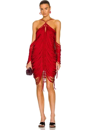 Bottega Veneta Shiny Viscose Fringe Knit Dress in Scarlet - Red. Size M (also in ).