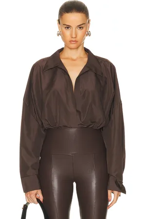 Norma Kamali Super Oversized Boyfriend Shirt Bodysuit in Chocolate - Chocolate. Size L (also in M, S, XL, XS).