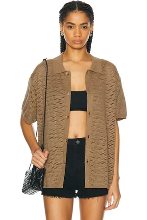 WAO Open Knit Short Sleeve Shirt in Taupe - Brown. Size S (also in XS).