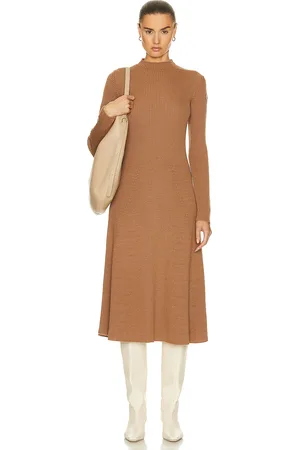 Moncler Long Sleeve Midi Dress in Camel - Tan. Size M (also in S, XS).