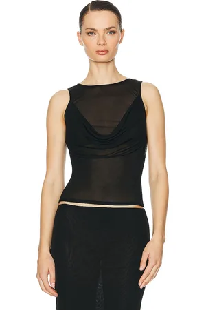 Helsa Sheer Knit Draped Top in Black - Black. Size L (also in ).