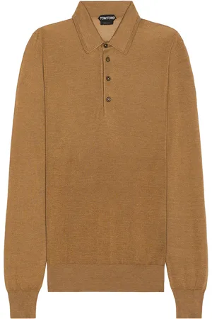 Tom Ford Piquet Long Sleeve Polo In Camel in Camel - Brown. Size 52 (also in ).