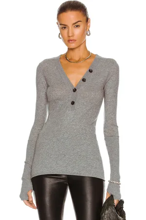 ENZA COSTA Cashmere Long Sleeve Cuffed Henley Top in Smoke - Grey. Size L (also in M, XL).