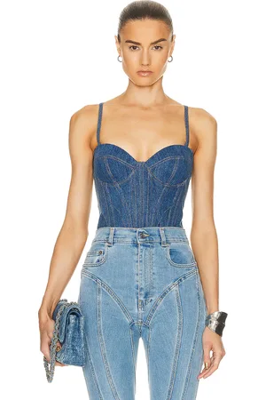 FLEUR DU MAL Denim Bustier in Medium Wash Denim - Denim-Medium. Size 0 (also in 2).