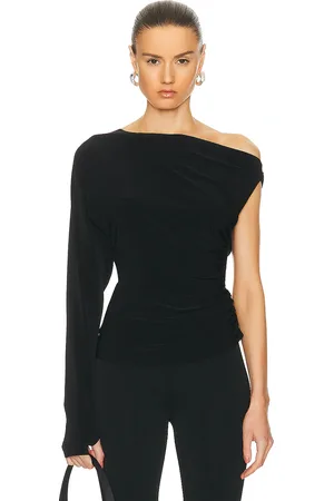 Norma Kamali One Sleeve Drop Shoulder Side Drape Top in Black - Black. Size S (also in ).