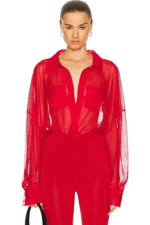Norma Kamali Super Oversized Boyfriend Shirt Bodysuit in Tiger Red - Red. Size L (also in M, S, XS).